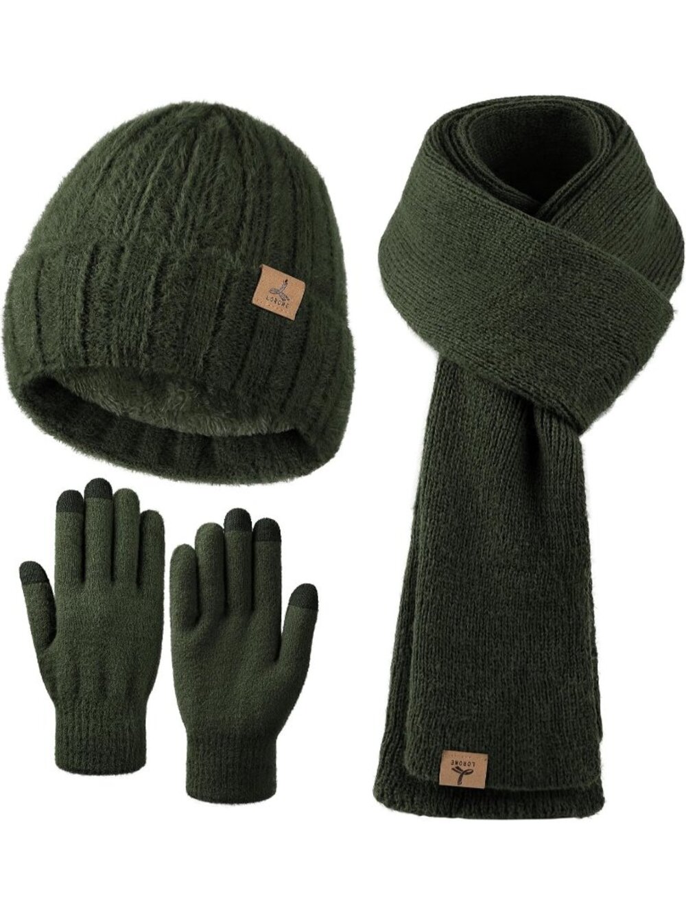 Women's Army Green Beanie Hat Gloves Scarf Cashmere Hat Gloves Scarf Set Gifts